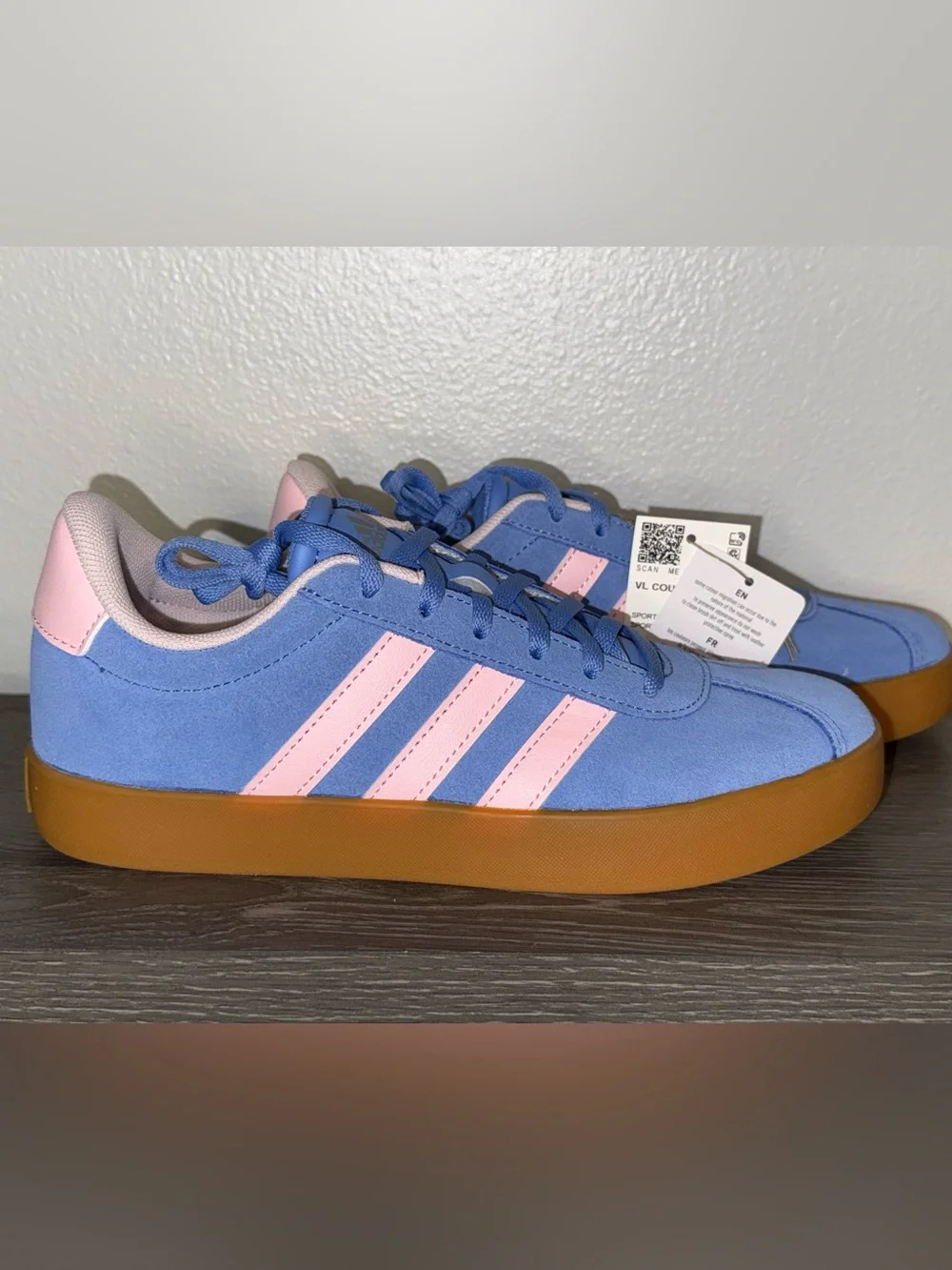 adidas VL Court 3.0 Blue Suede Sneakers w/ Pink Stripes & Gum Sole, Size 5Y NWT